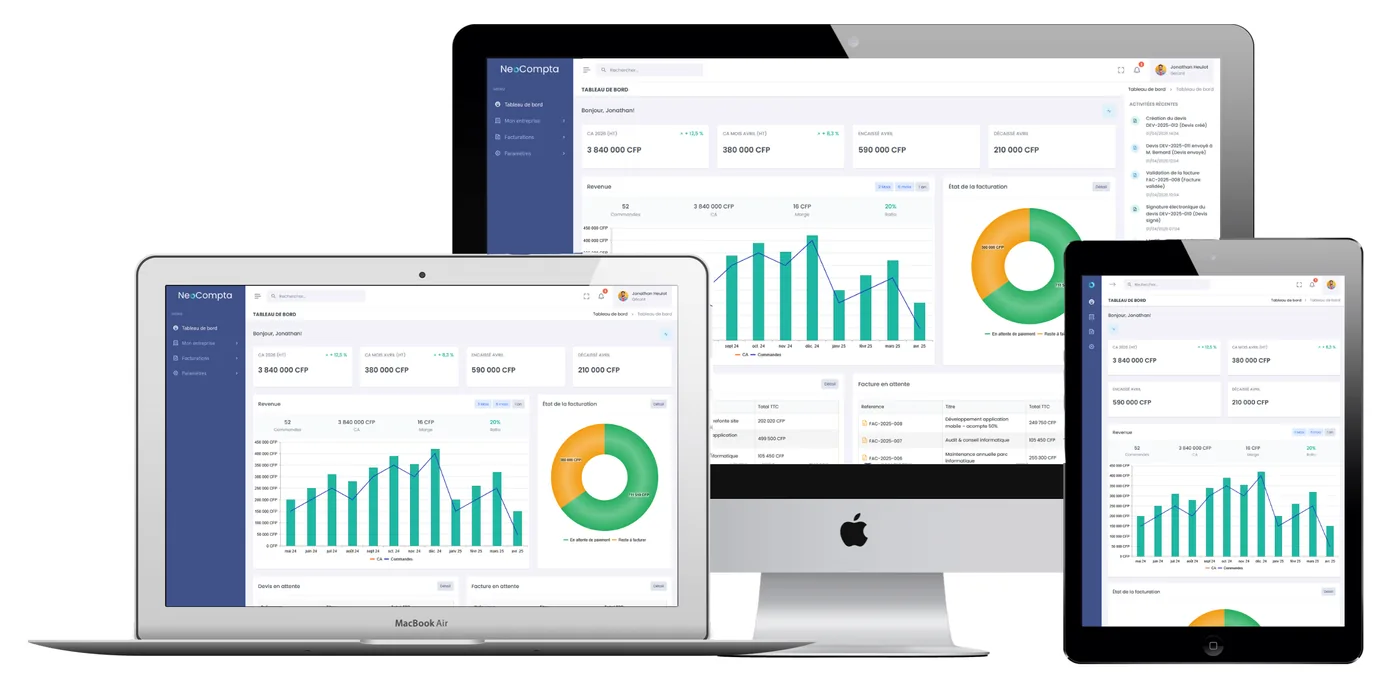 NeoCompta sur ordinateur, portable et tablette : tableau de bord, revenus, devis et factures en attente